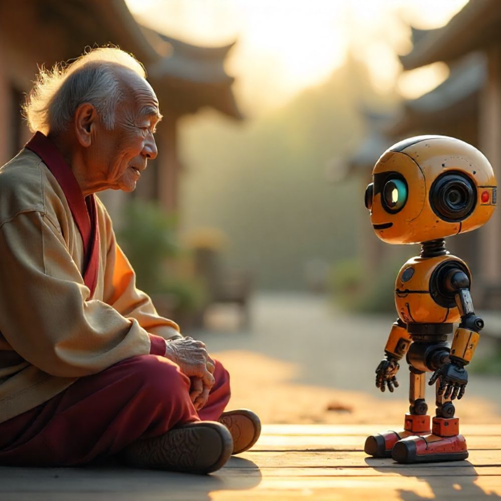An old man talking to a small robot