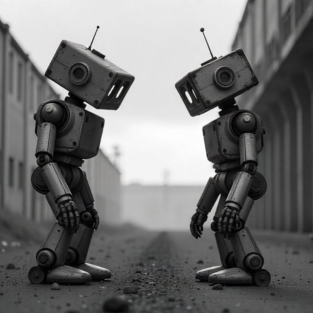 Two sad robots looking at each other.
