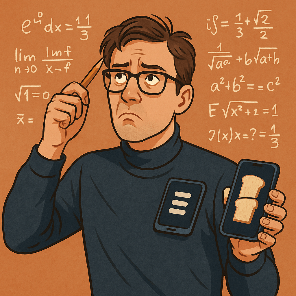 A man solving calculus equations while googling how to make toast — a perfect example of when smart people do stupid things.