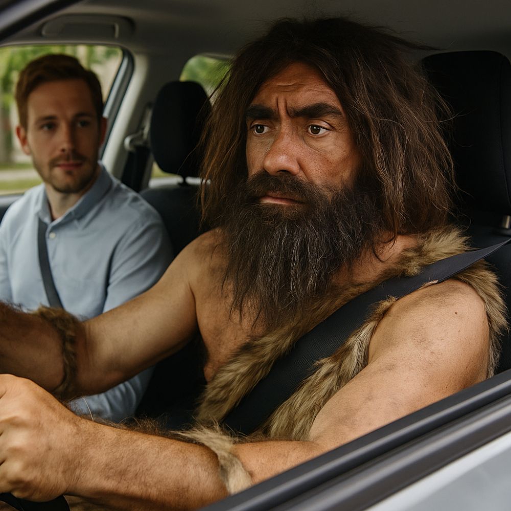 Caveman driving an Uber