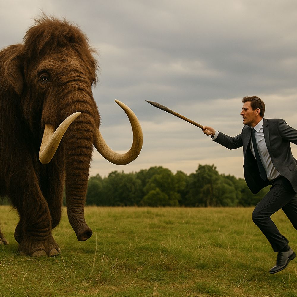 Man fending off a Woolly Mammoth