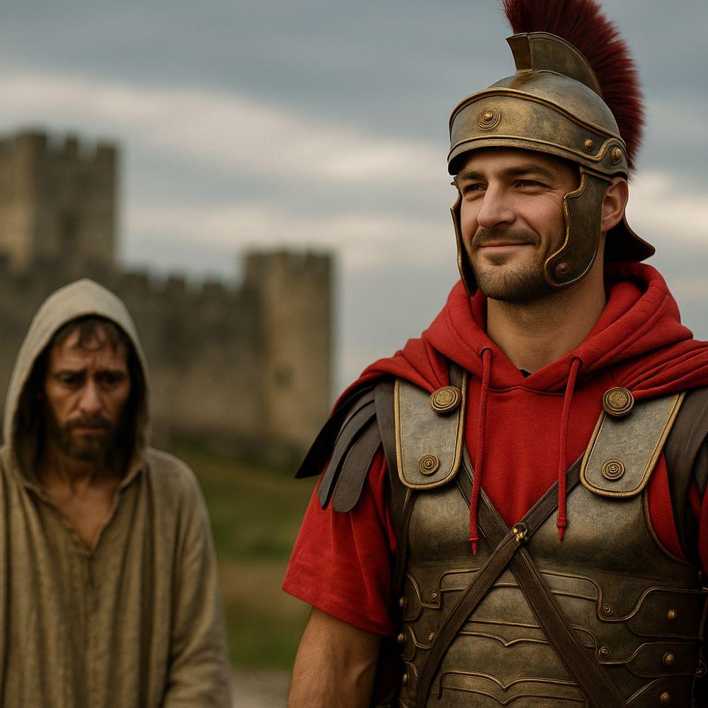 A symbolic scene representing the psychology of audacity — a powerful figure proudly wearing a stolen hoodie while the true owner watches unseen.