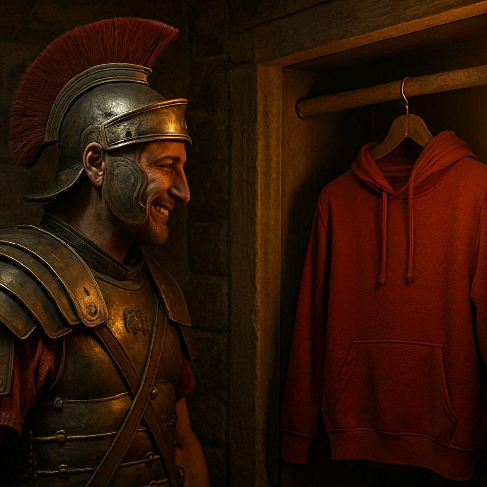 A dramatic, photorealistic depiction of the psychology of audacity — a historical figure admiring a stolen hoodie with pride.