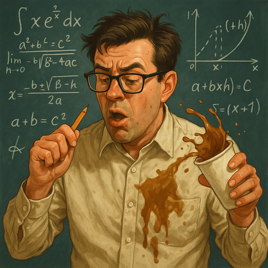 the-style-is-candid-image-photography-with-natural__60735 A man intensely solving calculus equations while accidentally spilling coffee on himself — a funny, relatable example of smart people doing stupid things.