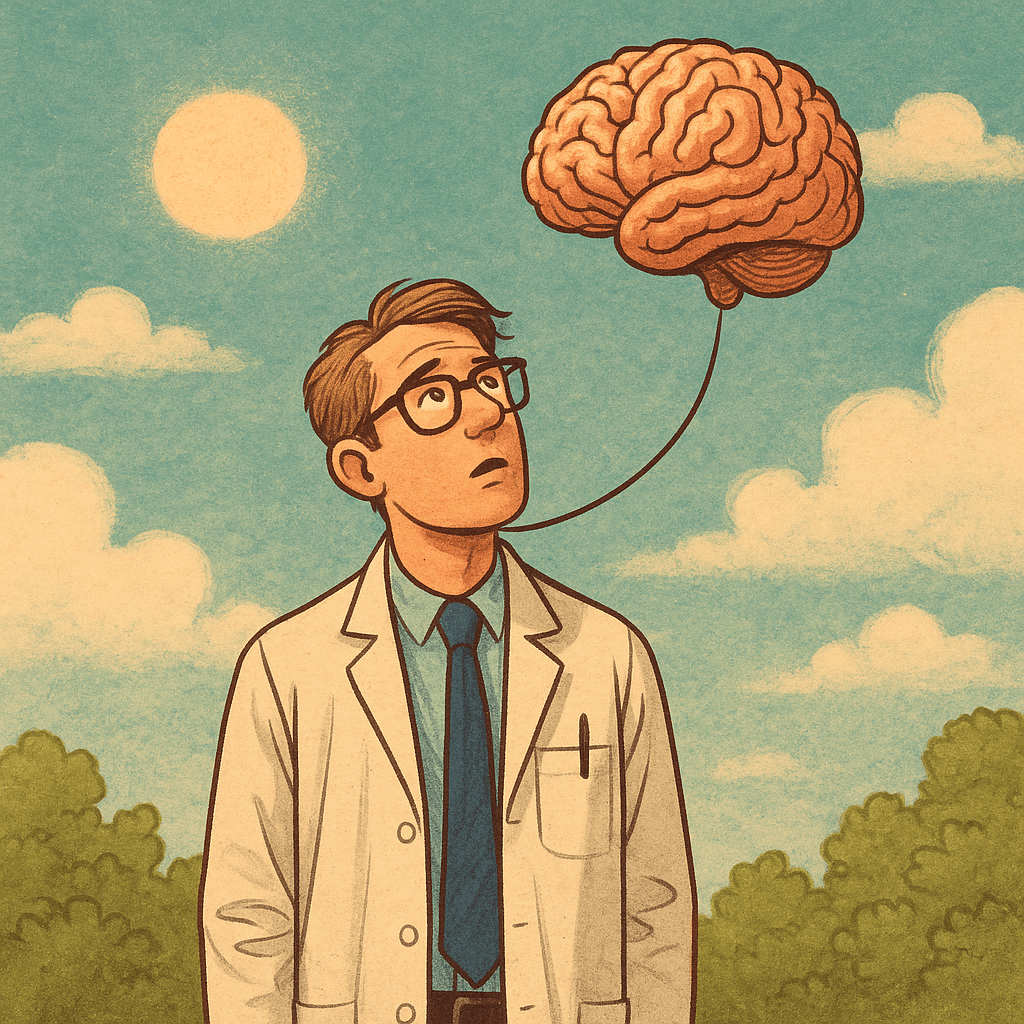 A confused man in a lab coat staring upward as his brain floats away like a balloon — a humorous take on smart people doing stupid things.
