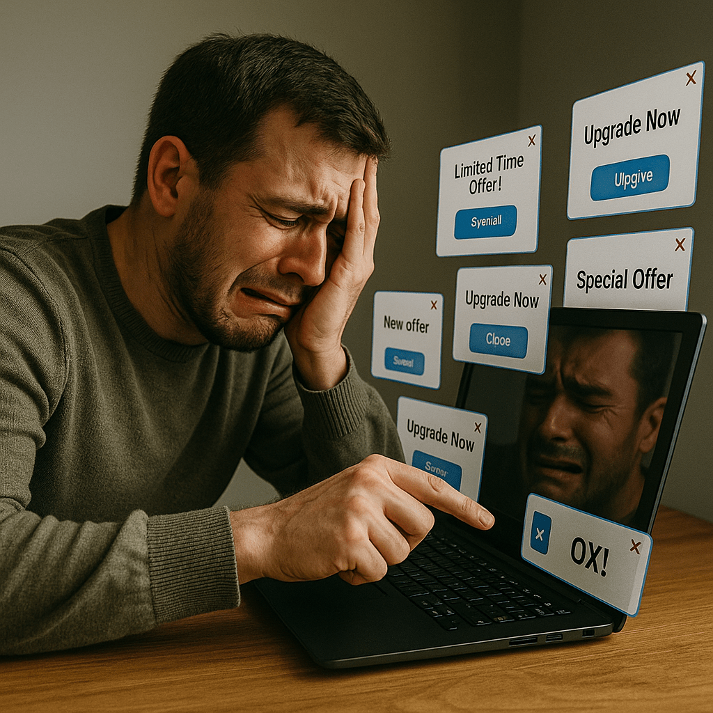 A frustrated man crying while closing endless upgrade notifications on his laptop, highlighting subscription fatigue.