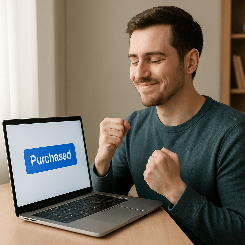 A smiling man clenching his fists in relief while looking at a screen that says purchased, showing freedom from subscription fatigue.