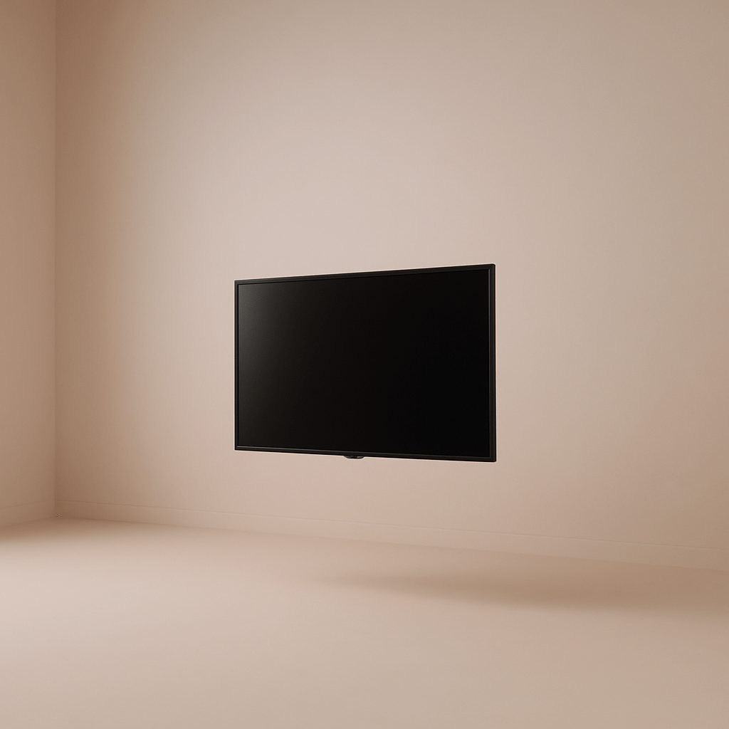Minimal surreal scene of a floating television in an empty room, symbolizing digital privacy and unseen data presence.
