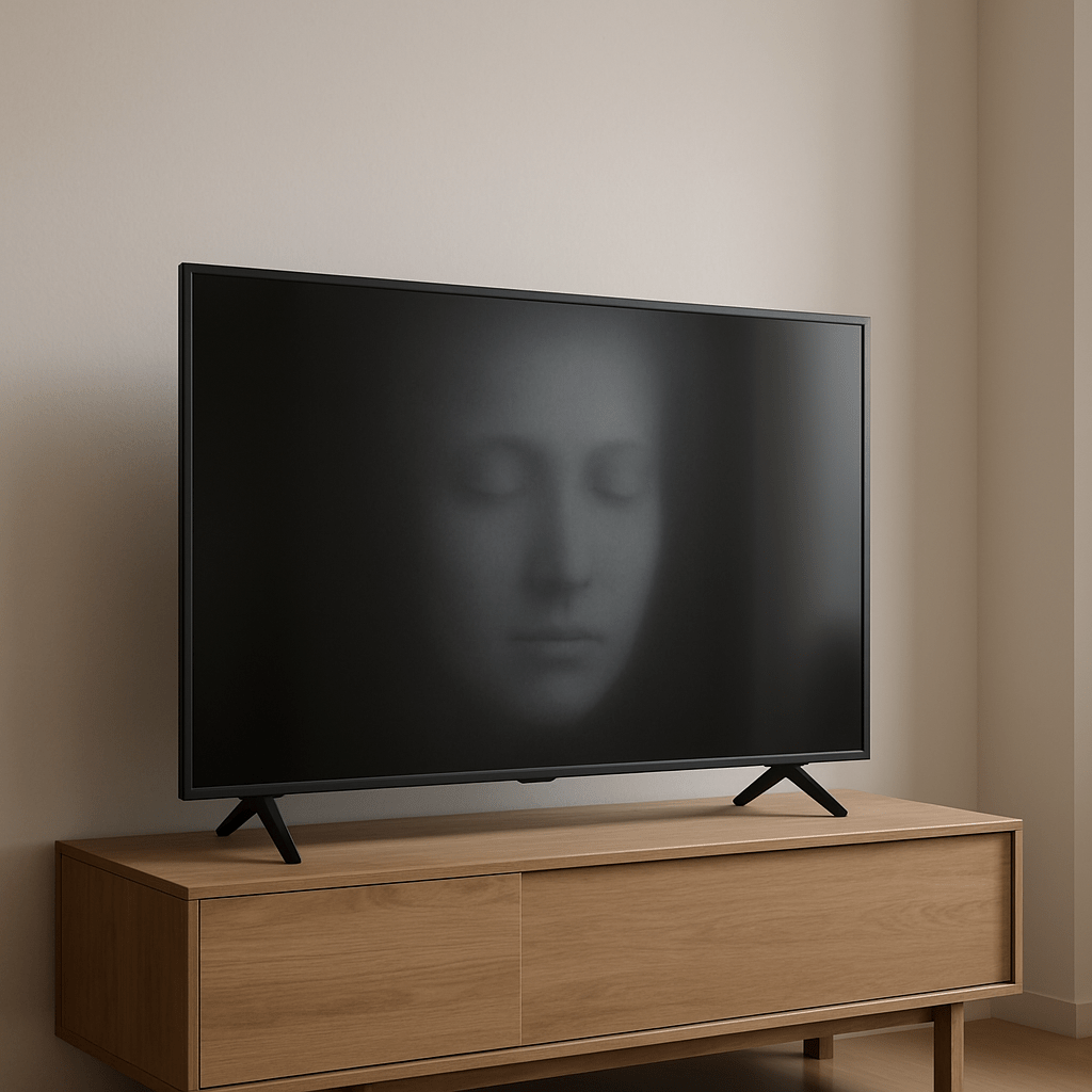 A subtle human face emerging through a television screen, representing the blurred boundary between viewers and digital privacy.