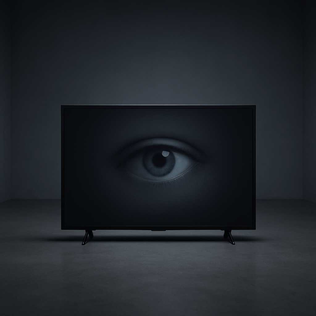 A solitary eye displayed on a television in a dark minimalist space, conveying surveillance awareness and digital privacy concerns.