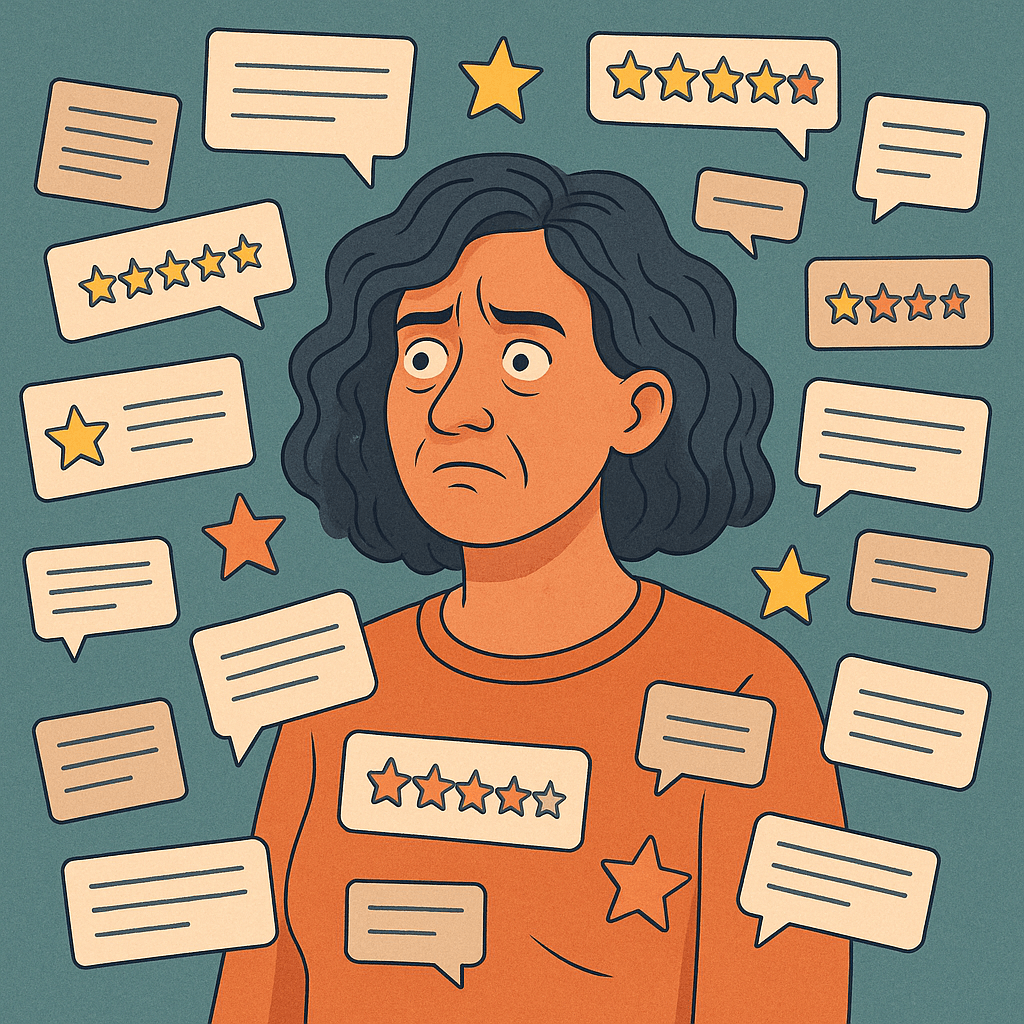 Person overwhelmed by consumer feedback requests